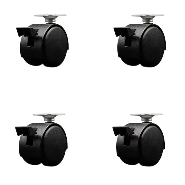2'' Black Metal Hooded Twin Caster with Brake Nylon Wheels Top Plate , 4PK